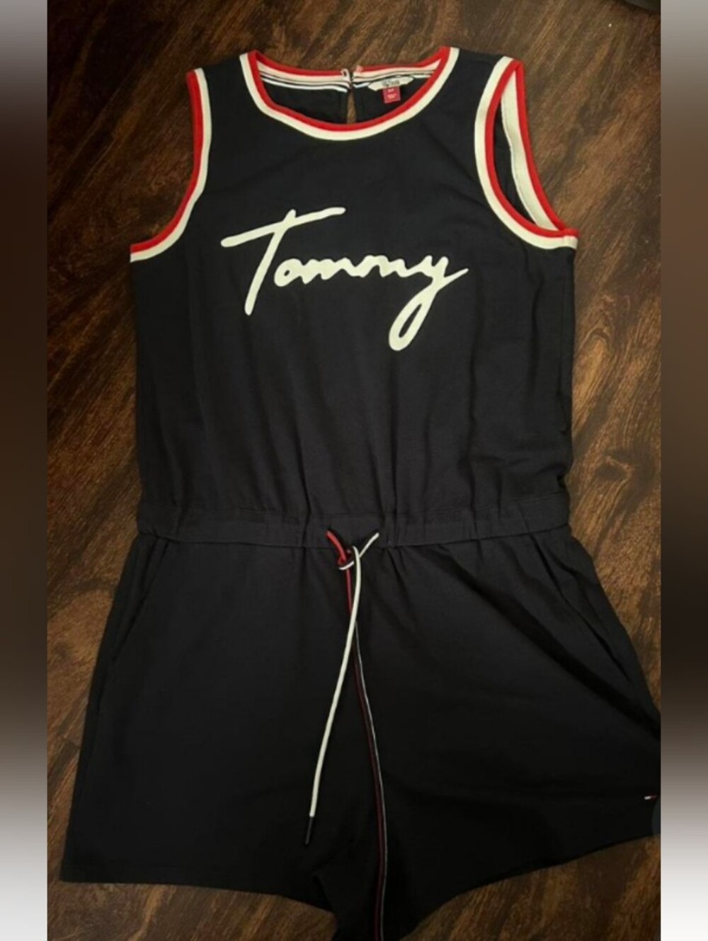 Tommy Hilfiger Navy Sleeveless Logo Romper with Red & White Trim